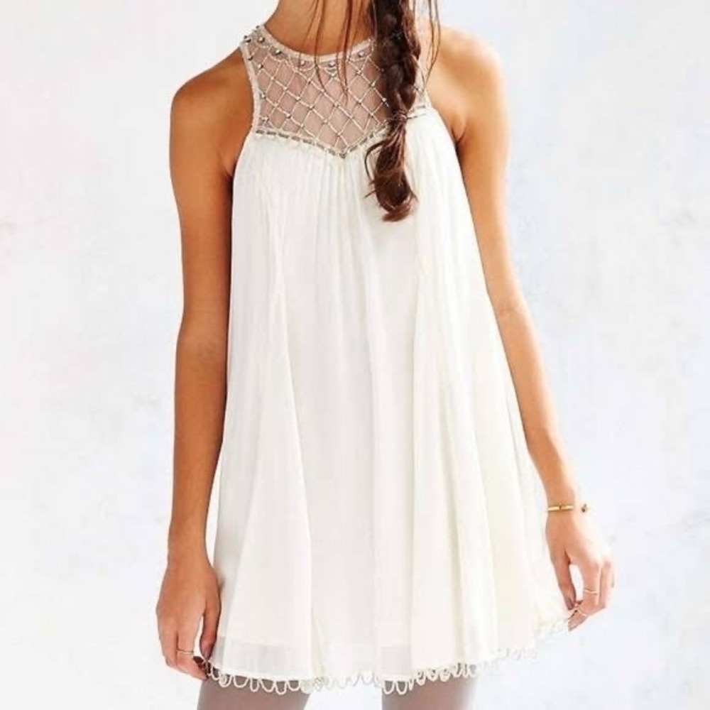 Kimchi Blue Urban Outfitters Beaded Mesh Mini Dress White Size S Babydoll Boho